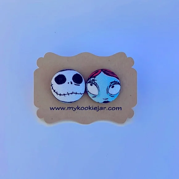 Nightmare Before Christmas Jack Skellington and Sally button earrings - Picture 1 of 2